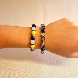 Dark Blue, White, Yellow Beaded Bracelet Set, Size S